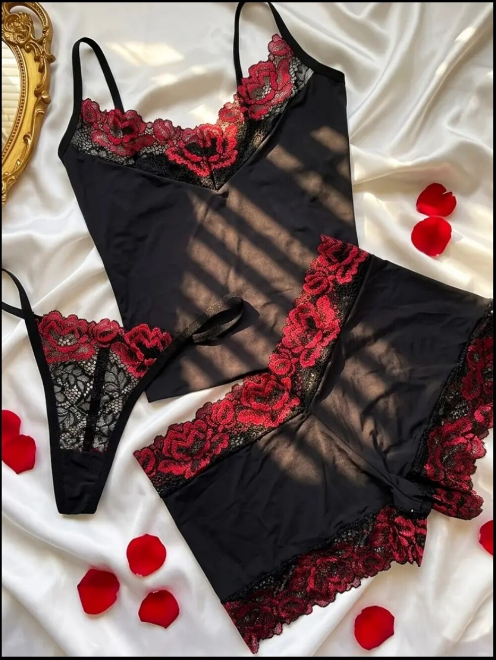 Black and Red Lace Trim Intimate Set - Camisole, Shorts & Thong